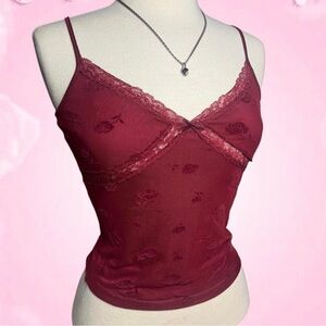 Red floral lace trim tank top